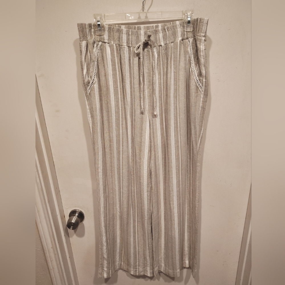 Briggs Women's Taupe Stripe Wide Leg Linen Blend Pants L Coastal Beach Vacation